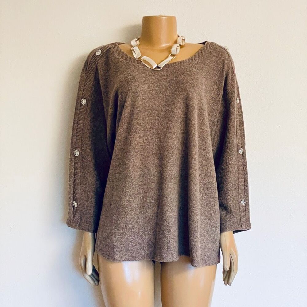 NWT Adrienne Vittadini 3X Plus Size Tan Brown Pullover Buttons on sleeve Sweater